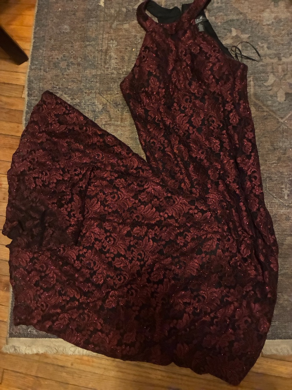 R&M Richards Burgundy Lace Halter Evening Dress